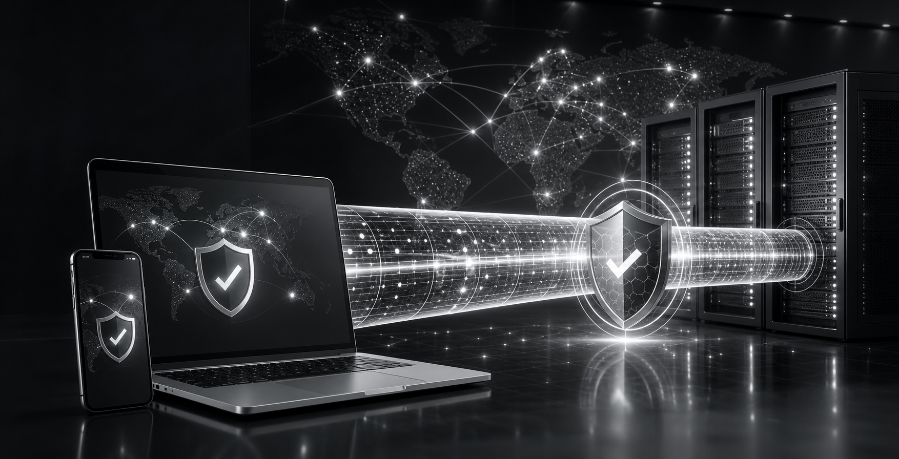 Encrypted VPN tunnel protecting a laptop and phone connected to secure servers